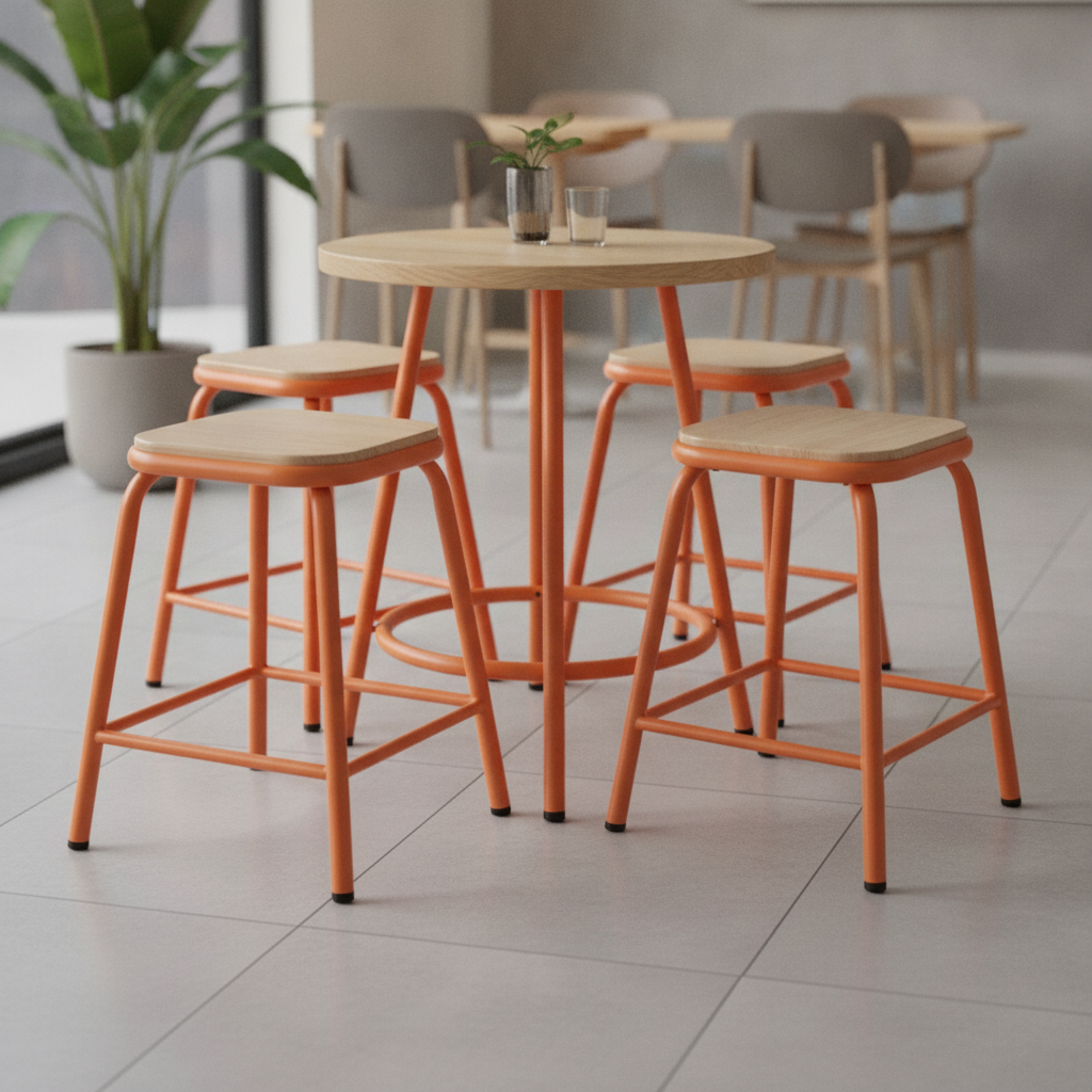Steel and Ash Wood Low Stools in Orange 470x400mm for Casual Dining (Pack of 4)