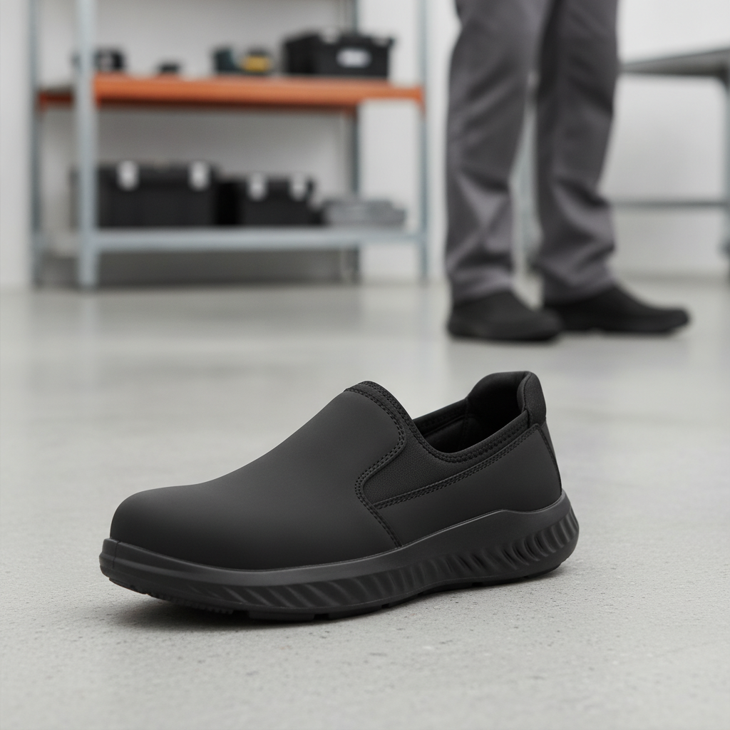 Microfibre Black Slip-On Safety Shoes with Steel Toe Cap for Workplaces