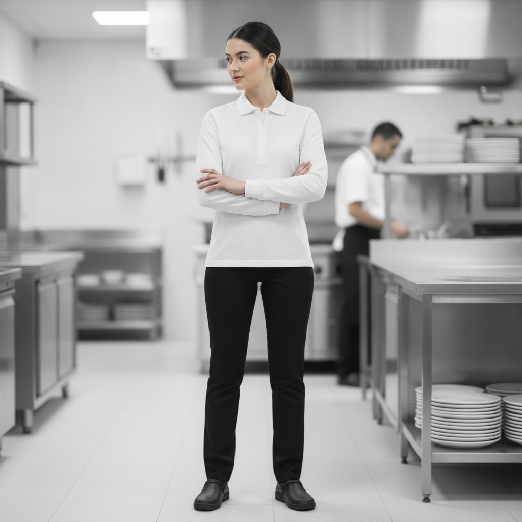 Cotton Blend White Long Sleeve Polo for Staff Uniforms