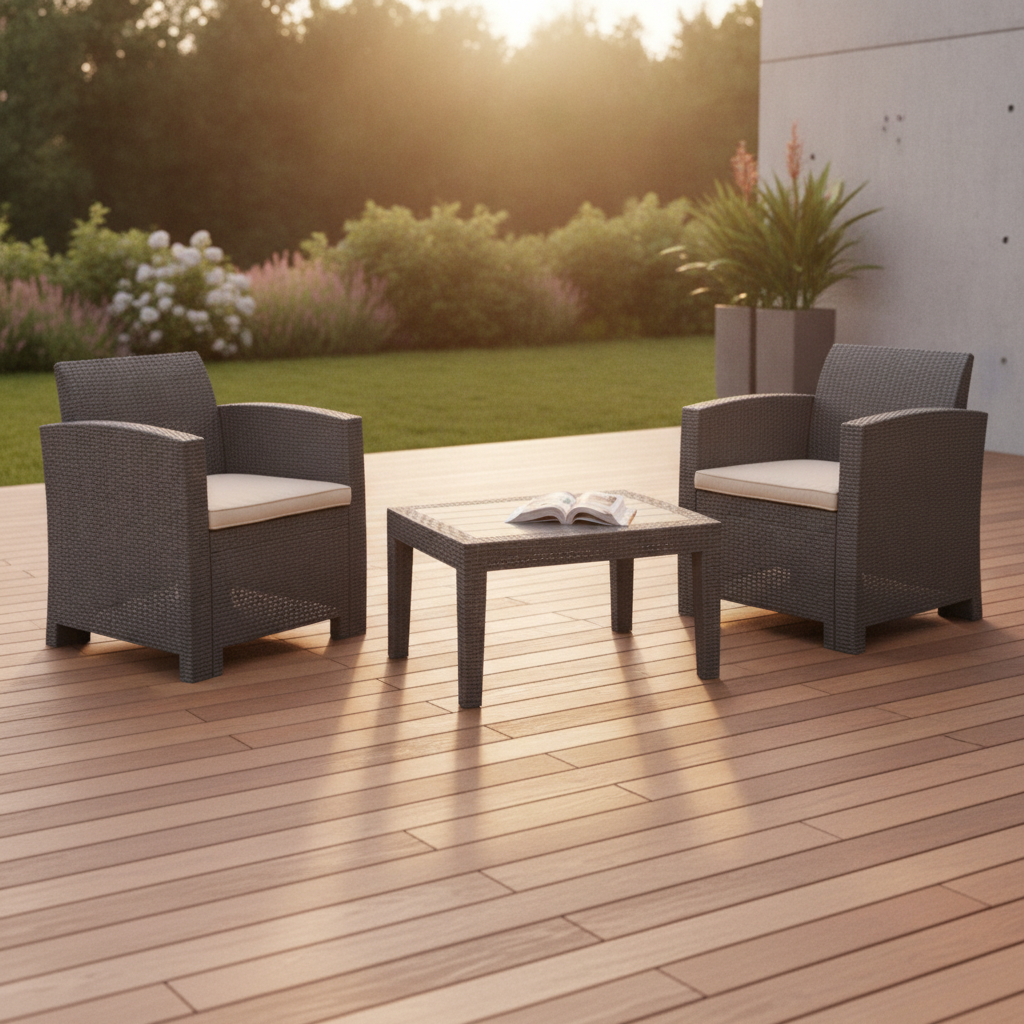 Plastic Charcoal Wicker Armchair and Table Set 755x657mm for Outdoor Dining