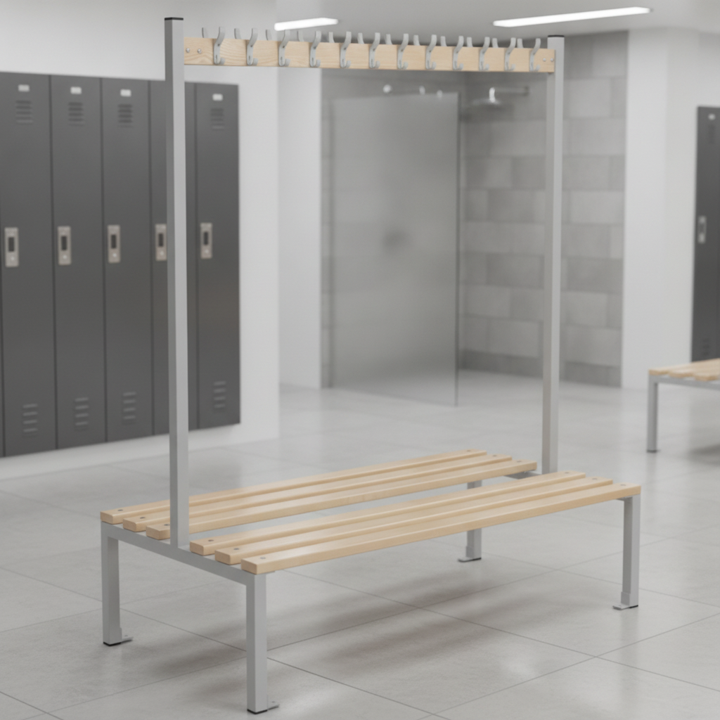 Steel and Ash Wood Double Sided Coat Hanger Bench 1500mm for Leisure Facilities