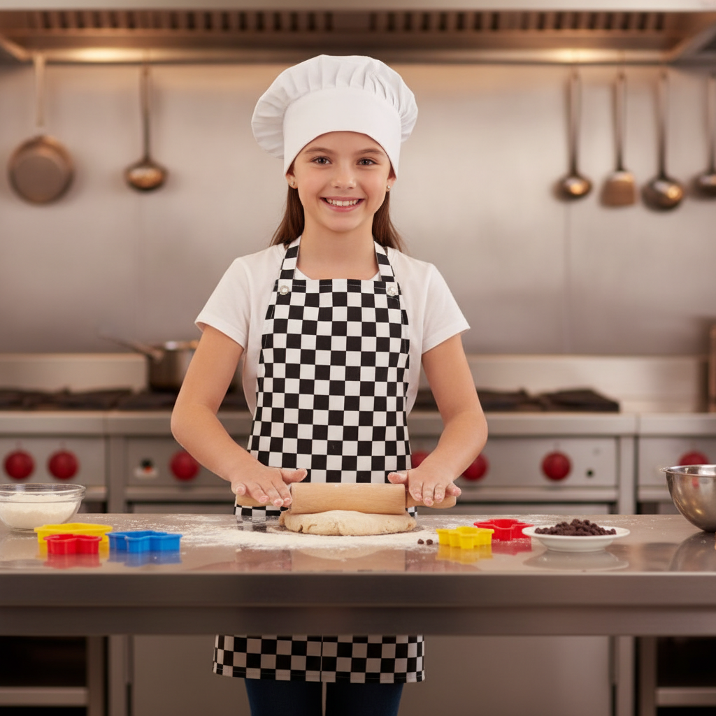 Polycotton Children's Bib Apron Black & White Check for Young Chefs