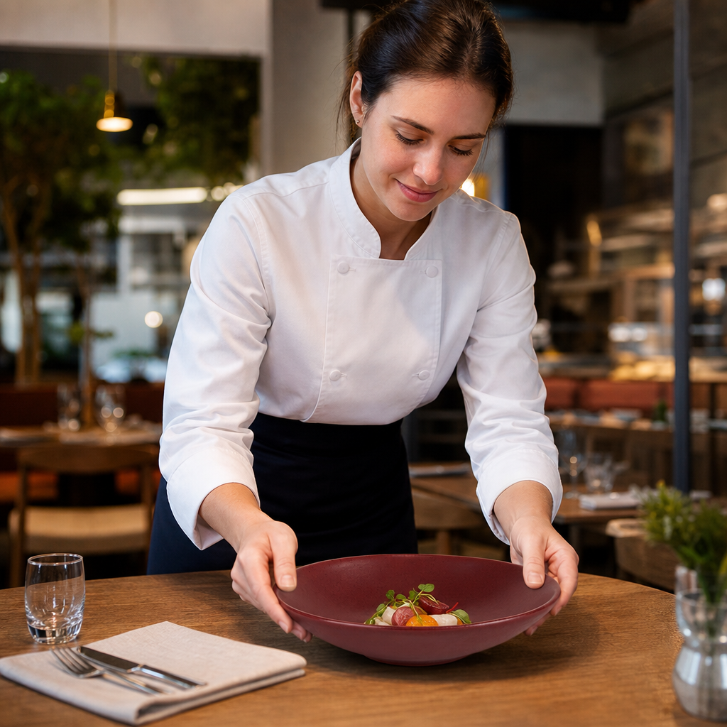 Flat Red Porcelain Bowls 195mm for Cafés & Gastropubs