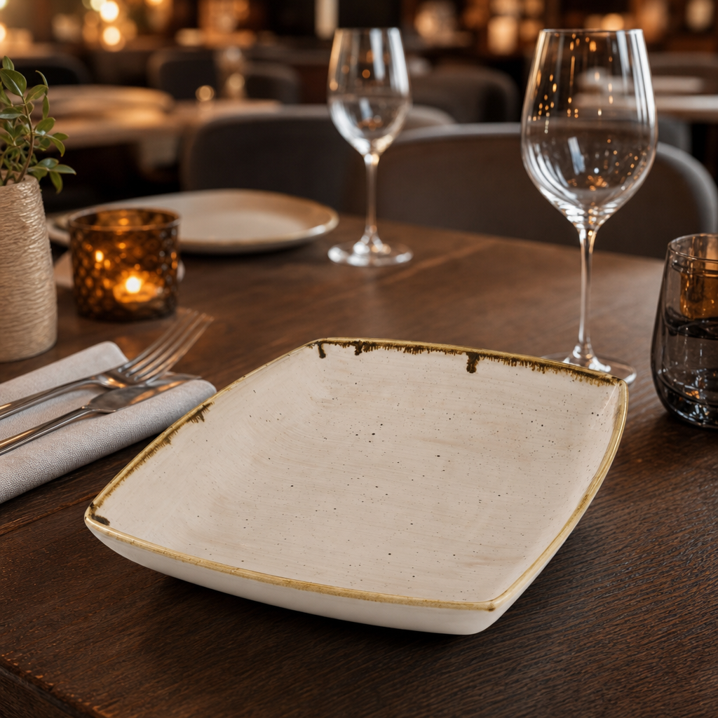 Deep Square Plates Cream Vitrified Ceramic for Restaurants (Pack of 6)