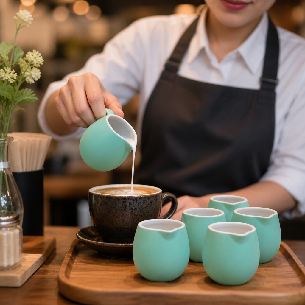 Aqua Stoneware Milk Jugs 70ml for Caf? & Restaurants (Pack of 6)