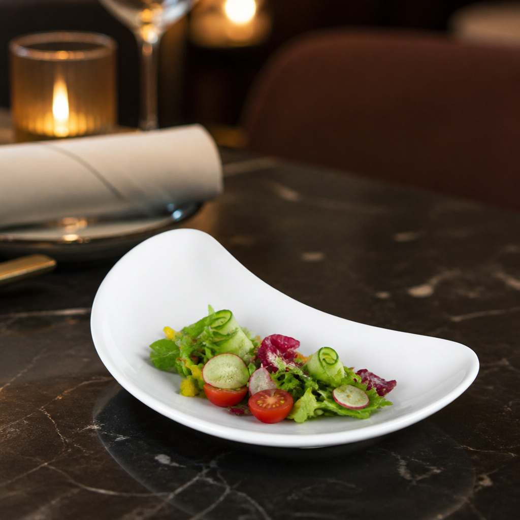 Crescent Shaped Salad Plates White Porcelain for Restaurants & Cafés (Pack of 12)
