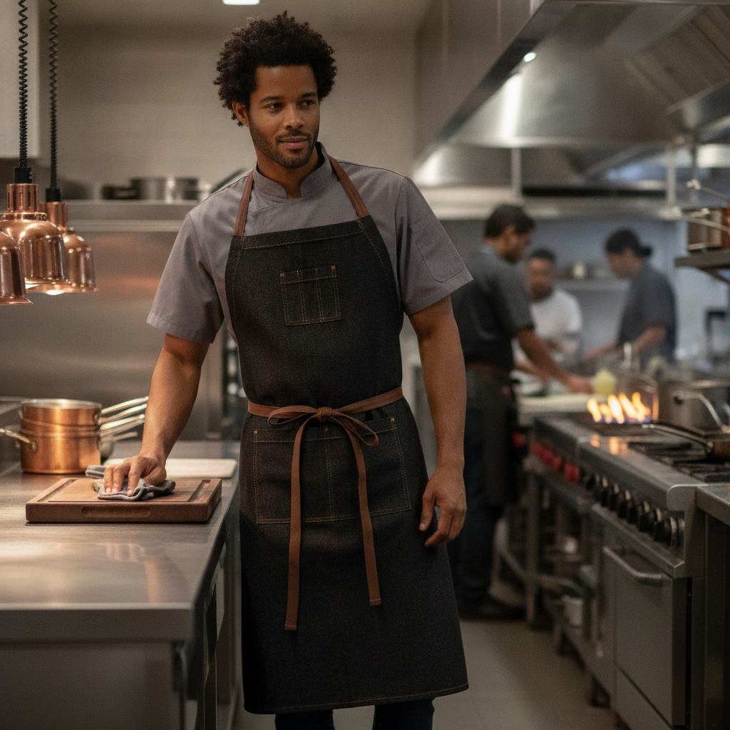 Denim Wide Bib Apron Black for Kitchen & Service