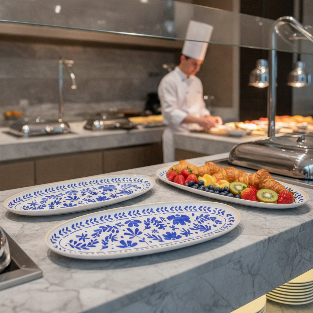Melamine GN 2/4 Tray with Blue & White Design for Buffets