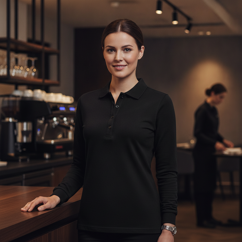 Cotton Blend Black Long Sleeve Polo for Staff Uniforms