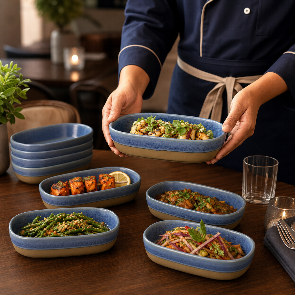 Trays Blue Vitrified Ceramic for Dining (Pack of 6)