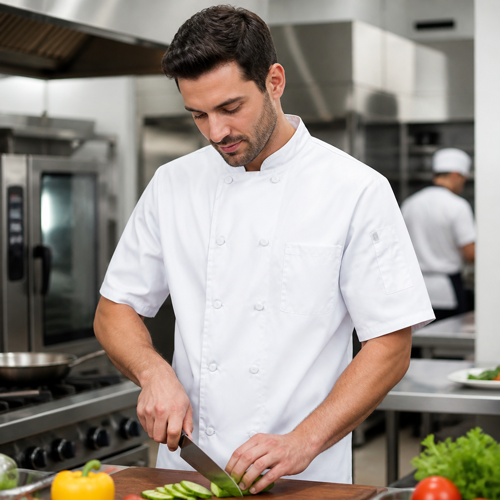 White Polycotton Chef Jacket with Cool Vent Technology for Professional Kitchens