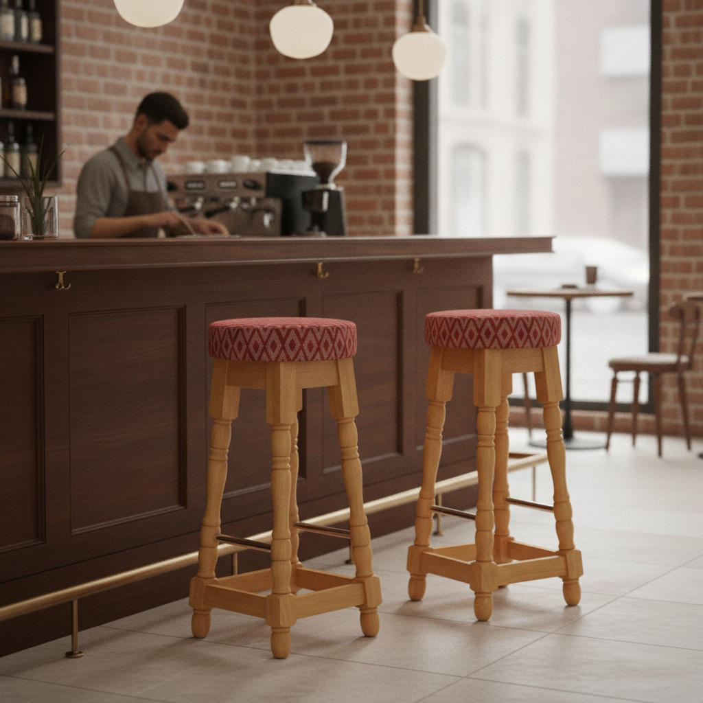 Rubber Wood High Bar Stools with Red Diamond Seat 770x345mm for Pubs & Cafés (Pack of 2)