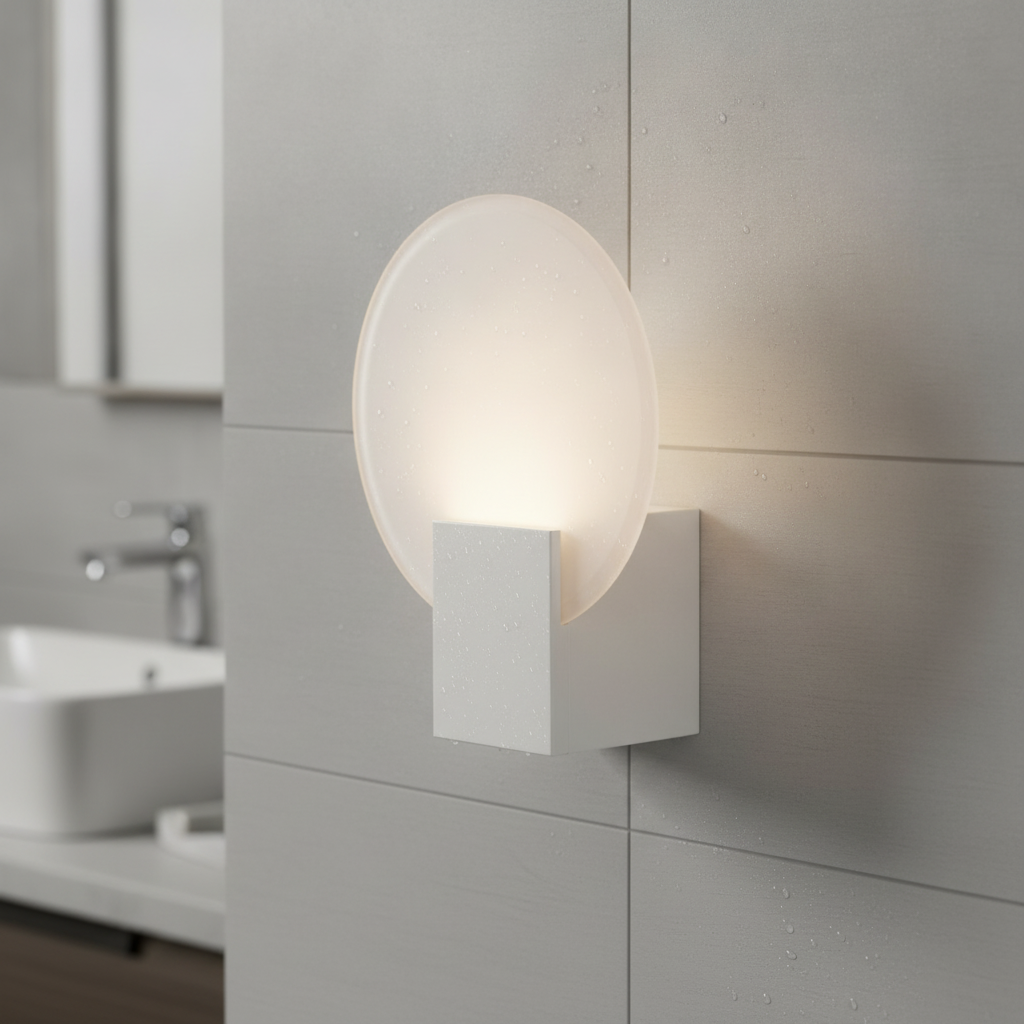 Plastic White Wall Light with Tempered Glass Shade for Bathrooms