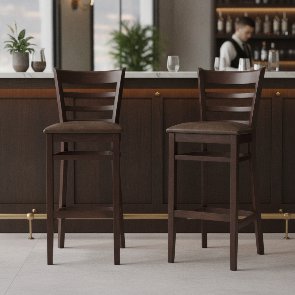 Beech Bar Stools with Vintage Faux Leather Upholstery 1090mm for Hospitality Venues (Pack of 2)