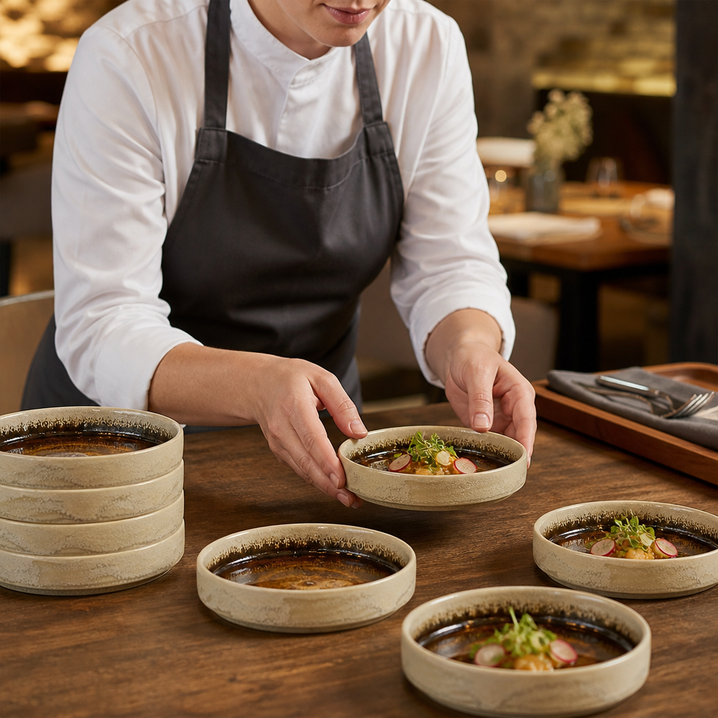Round Stacking Trays 135mm Amber Vitrified Ceramic for Versatile Dining (Pack of 12)
