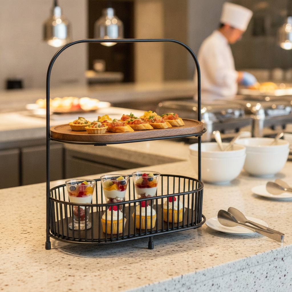 Metal Two-Tier Food Stand 375mm with Acacia Wood Boards for Buffets