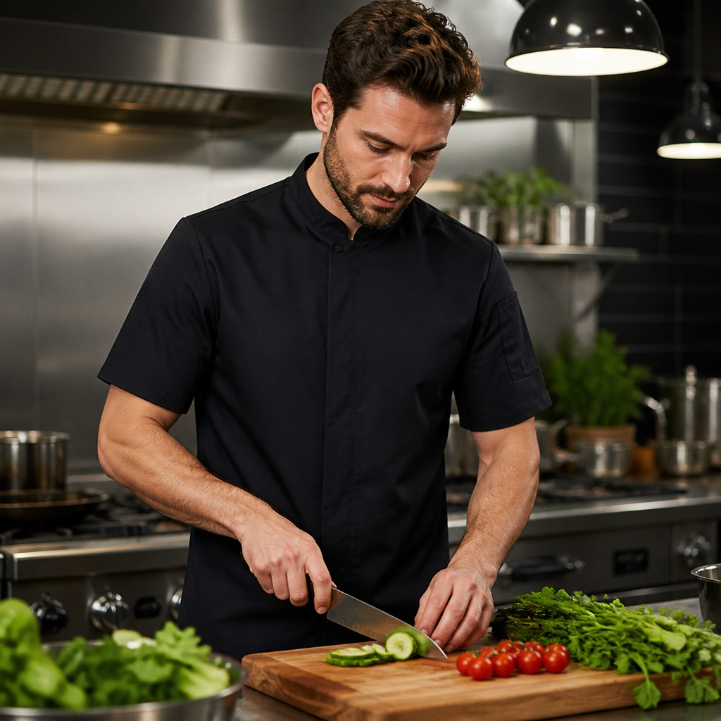 Short Sleeve Black Chef Jacket for Modern Kitchens