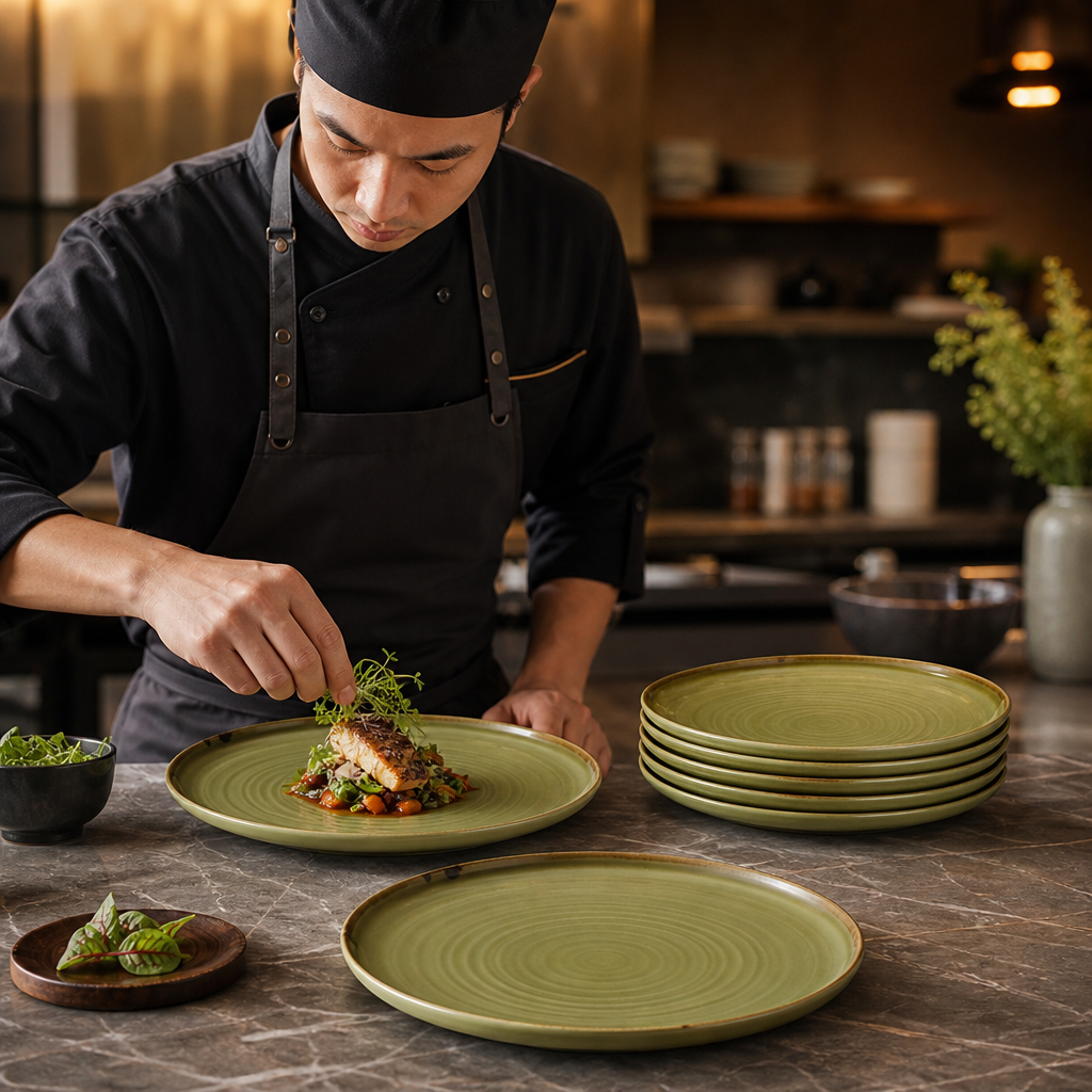 Walled Plates 260mm Green Porcelain for Modern Dining (Pack of 6)
