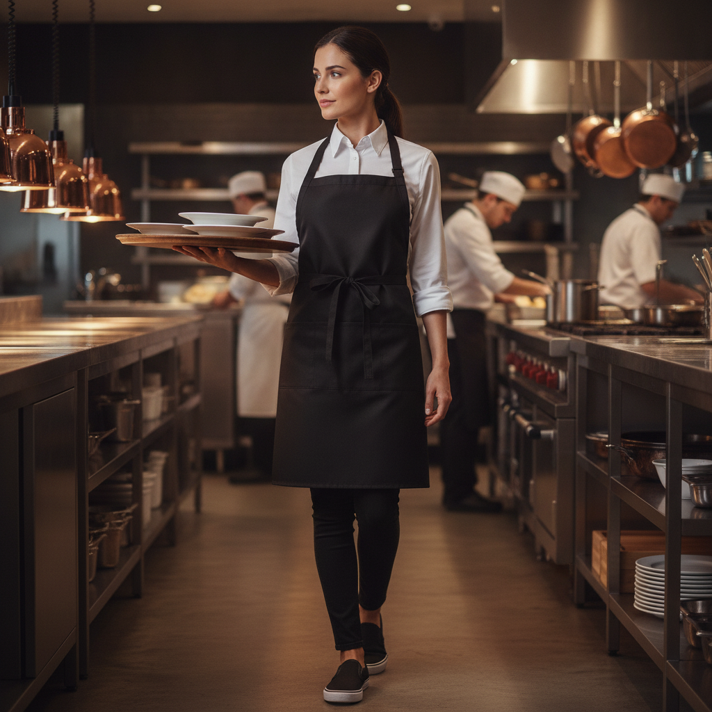 Black Polycotton Bib Apron with Three Pockets for Hospitality