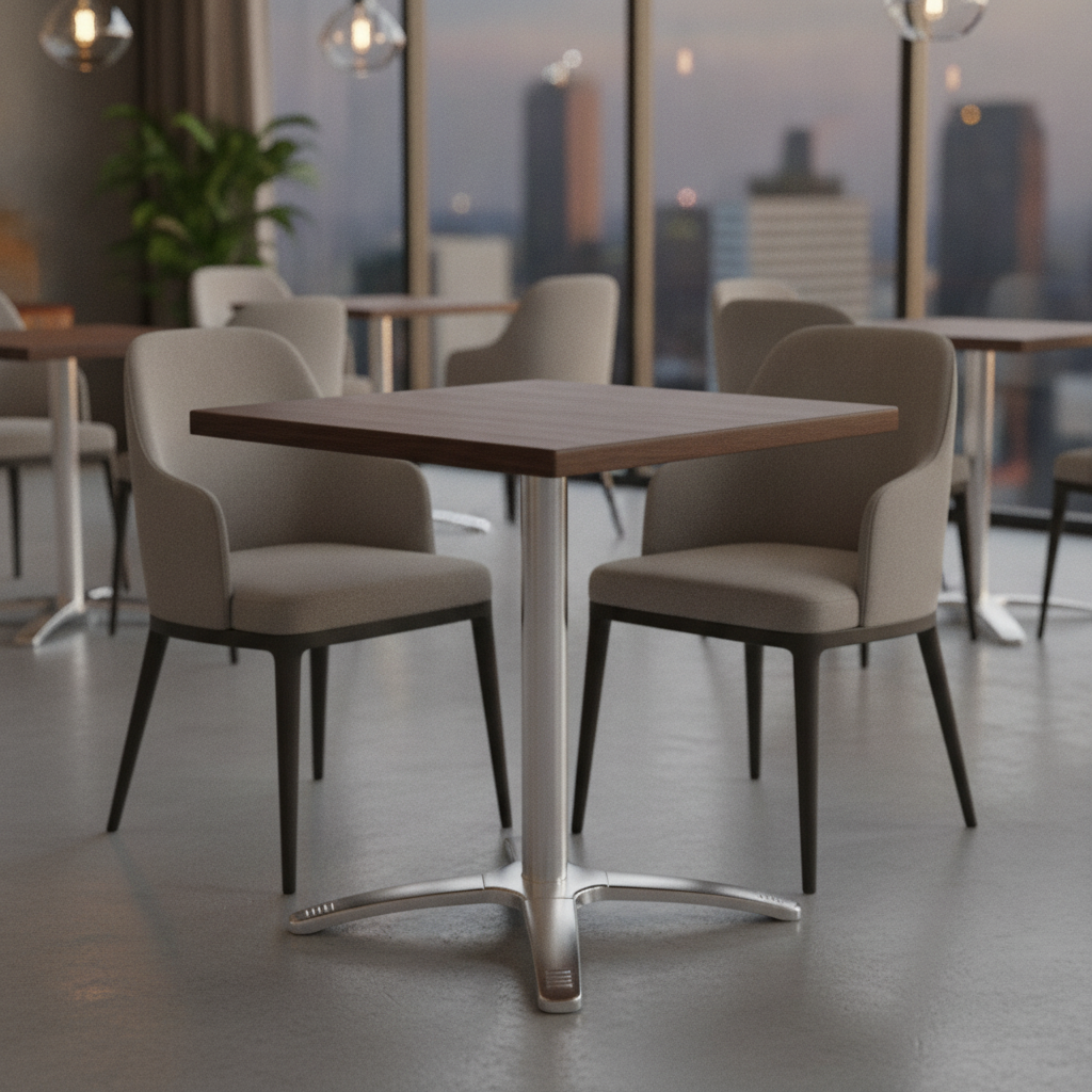 Wood-Effect Square Table Top with Aluminium Base 600x650mm for Dining Areas