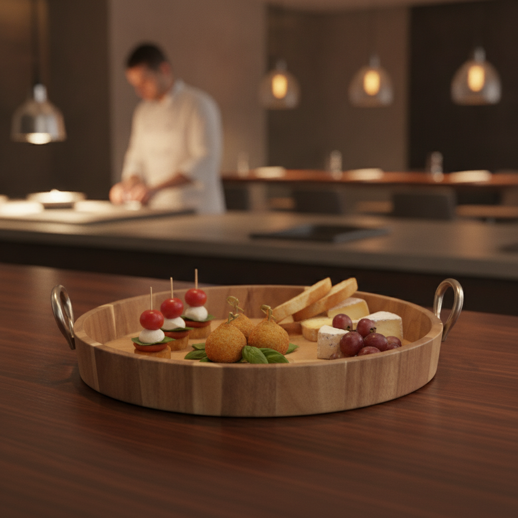 Acacia Wood Round Serving Tray with Metal Handles 100mm for Catering