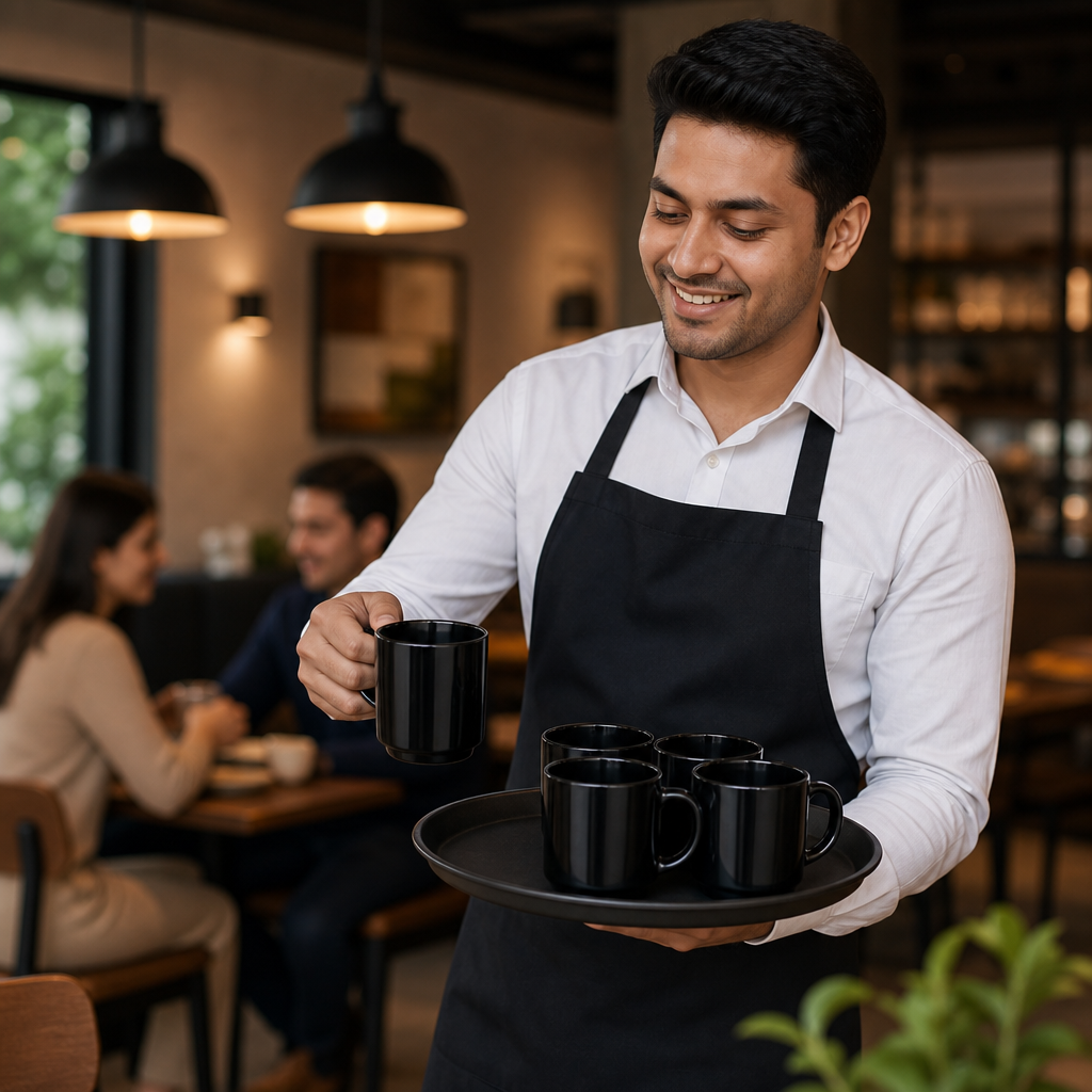 Stackable Mugs 250ml Black Glass for Cafés & Restaurants (Pack of 6)