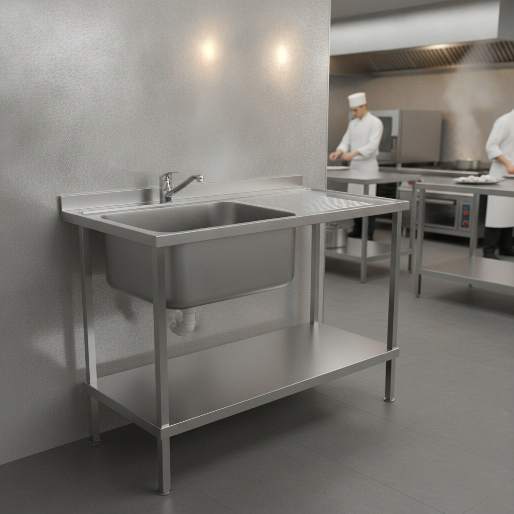 304 Stainless Steel Single Sink with Right Hand Drainer 1200mm for Commercial Kitchens