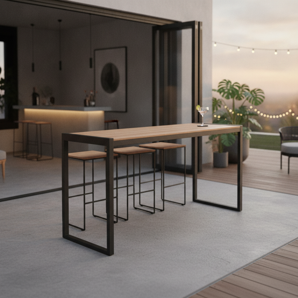 Acacia Wood and Powder-Coated Steel Industrial Bar Table 1800mm for Indoor & Outdoor Use