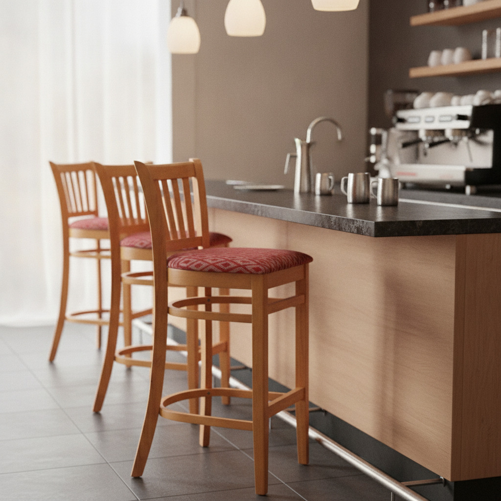 Rubber Wood Bar Chair with Red Padded Seat 1010x410mm for Hospitality Settings