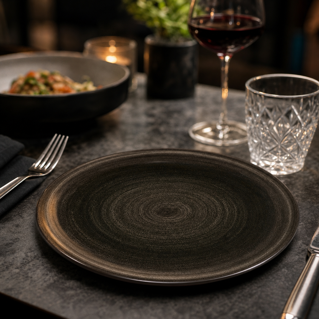 Iron Round Trace Plates Black Vitrified Ceramic for Creative Dining (Pack of 12)