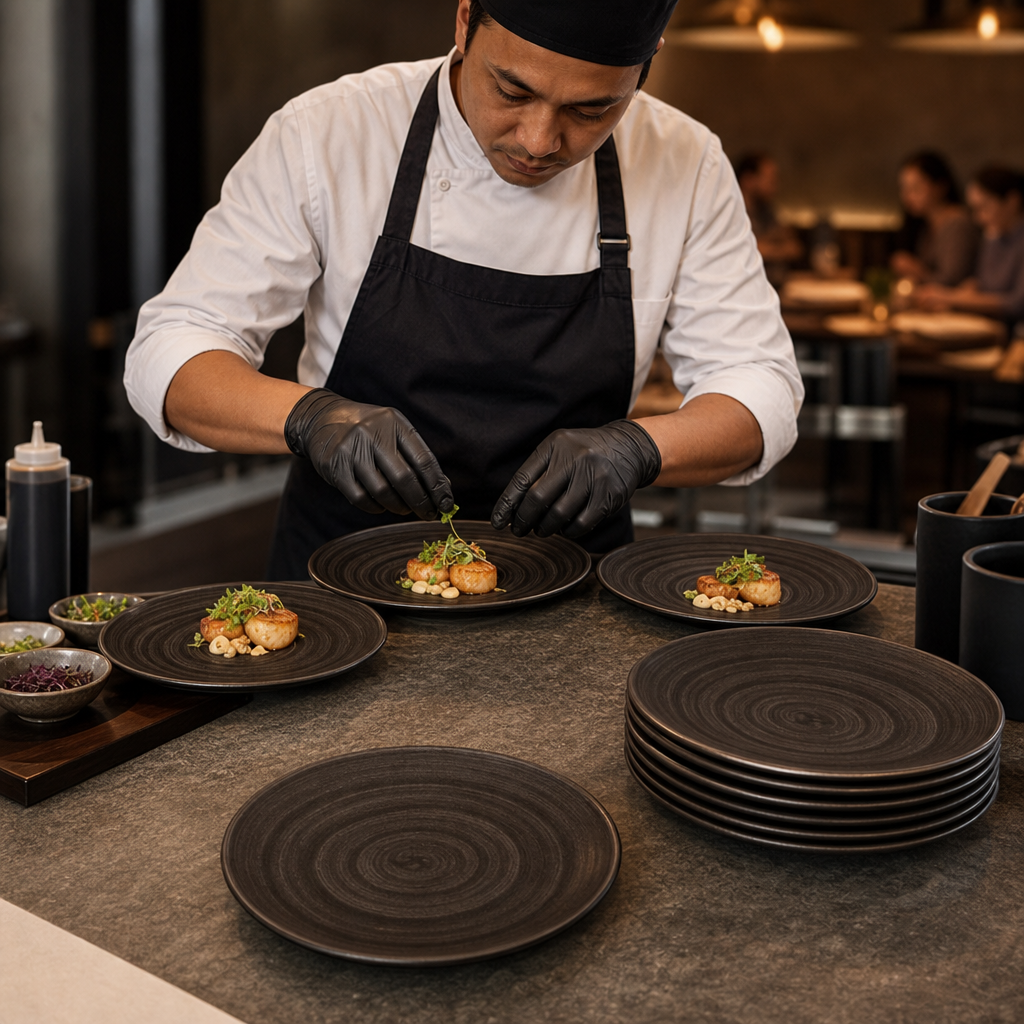 Iron Round Trace Plates Black Vitrified Ceramic for Serving Sides & Sharing Dishes (Pack of 12)