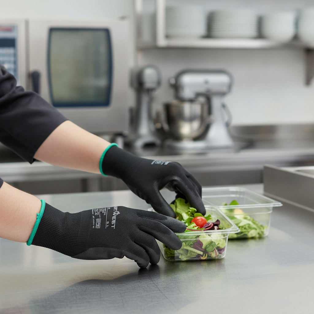 Polyester Blend Black PU Palm Gloves for Food Safety