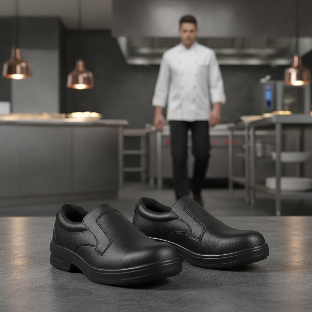 Polyurethane Slip On Safety Shoes Black for Hospitality Staff