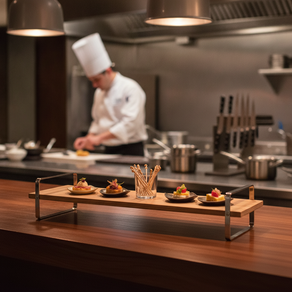 Oak Wood and Stainless Steel Low Presentation Table for Catering