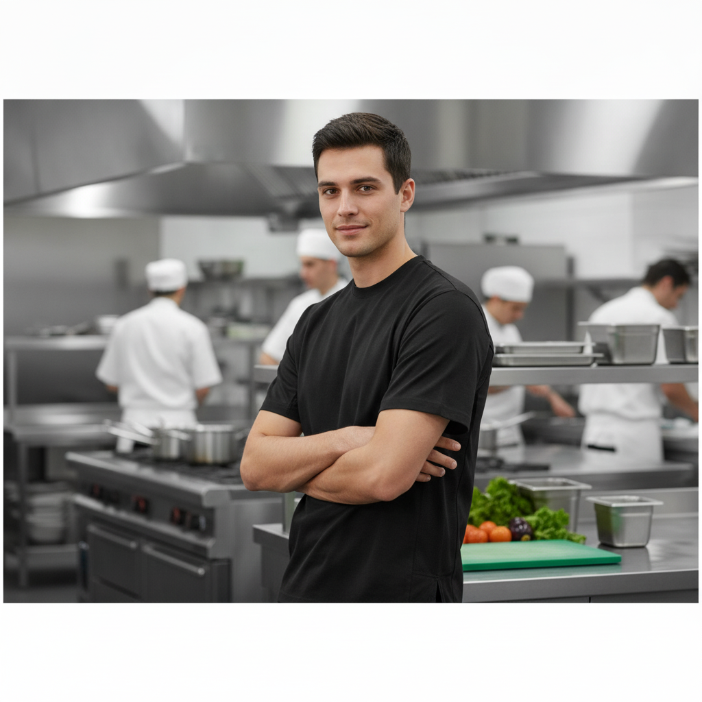 Black Cotton Chef T-Shirt with MeshAir for Kitchen Staff (Sizes S-XXL)