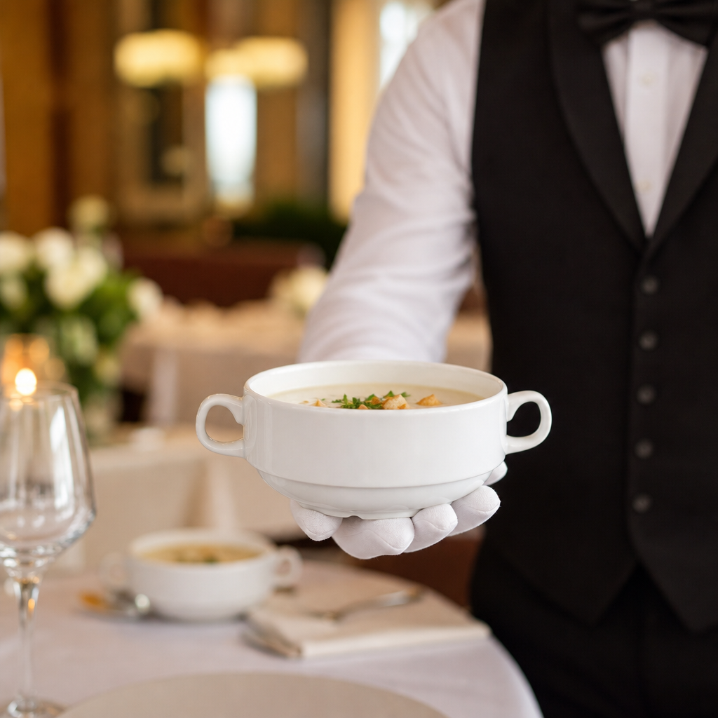 Alumina Stacking Handled Soup Cups 285ml Vitrified Ceramic for Fine Dining (Pack of 36)