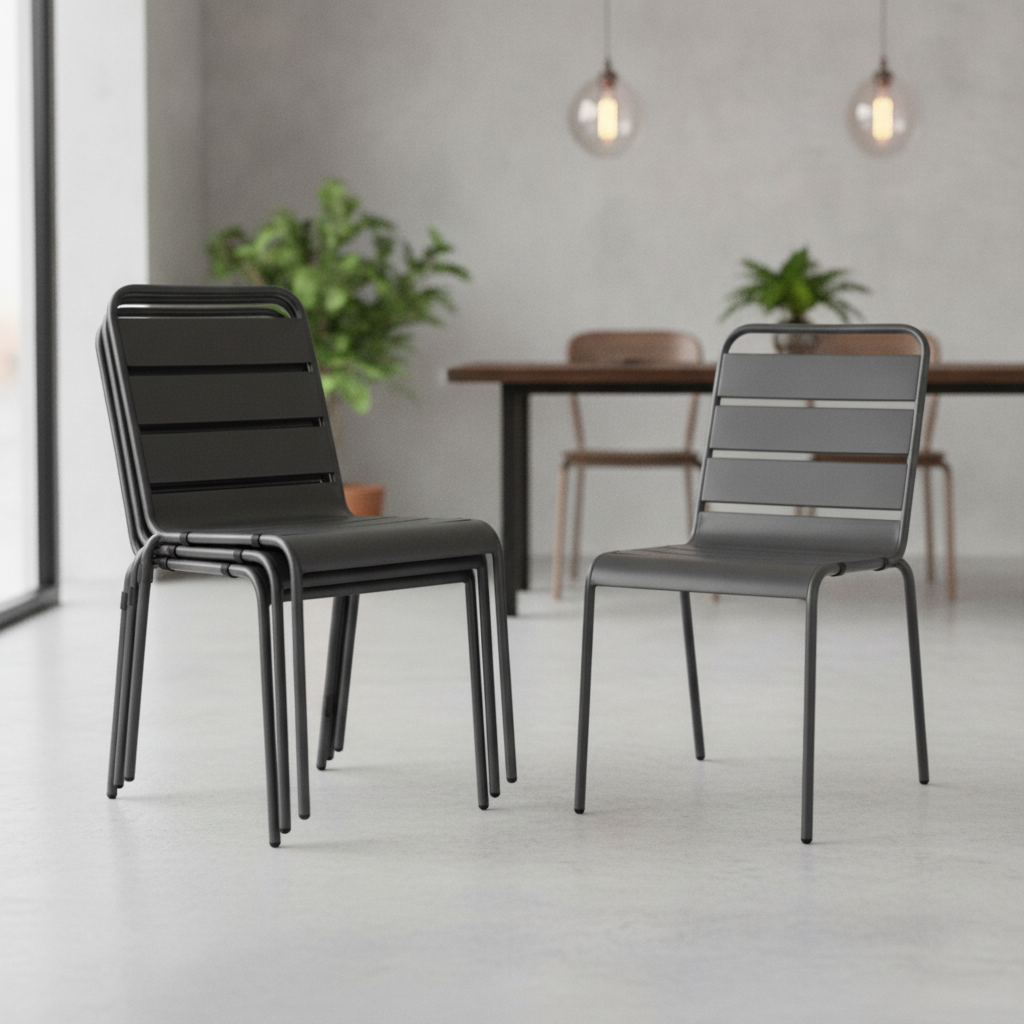 Powder Coated Steel Grey Slatted Side Chairs 830x470mm for Cafes & Bistros (Pack of 4)