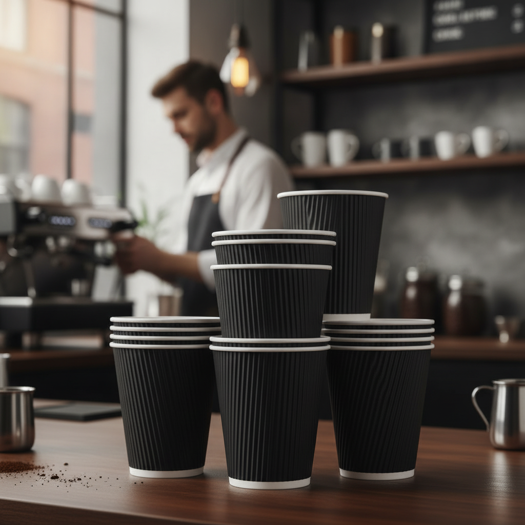 Cardboard Black Ripple Wall Takeaway Coffee Cups 455ml for Hot Drinks (Pack of 500)