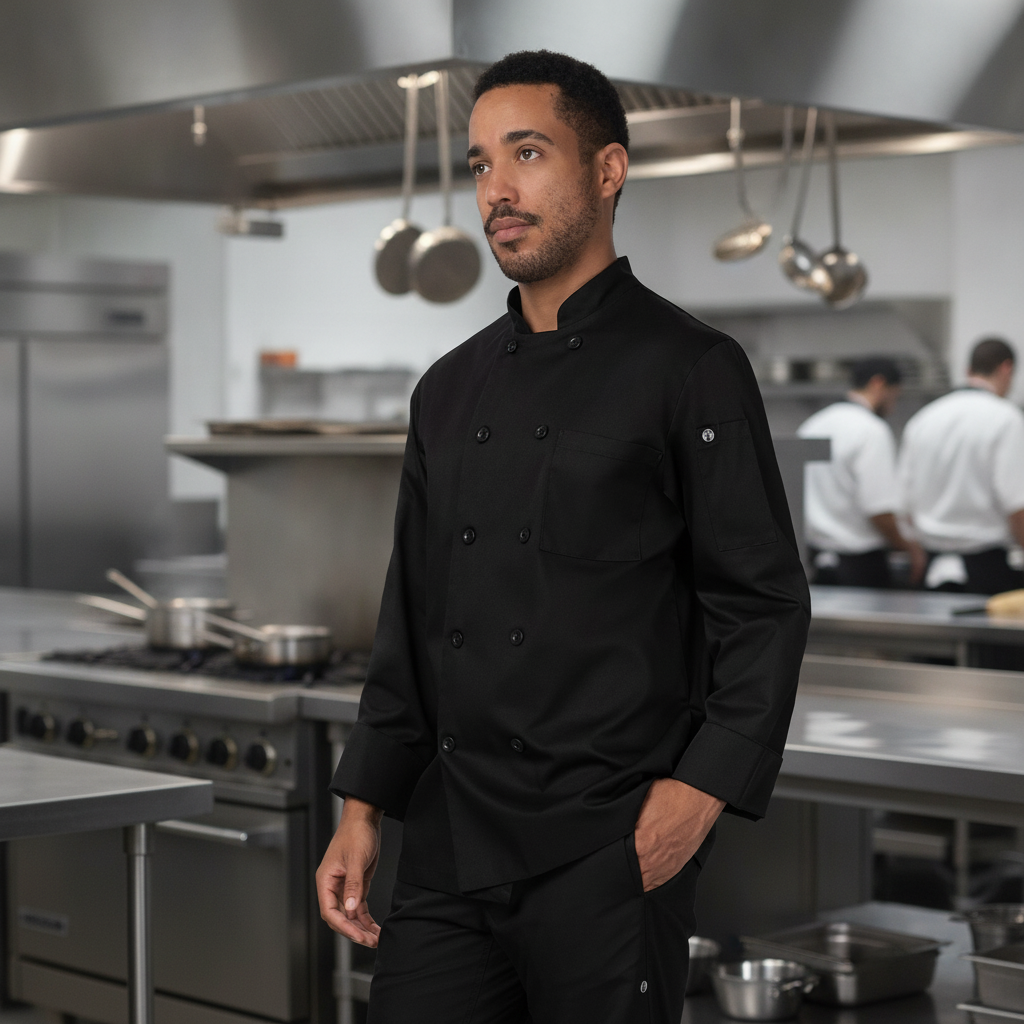 Cotton & Recycled Polyester Black Chef Jacket for Culinary Professionals