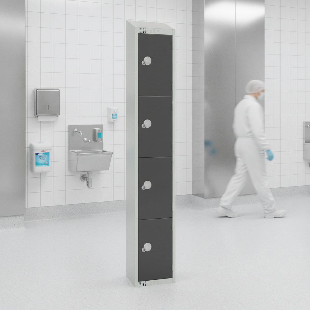 Powder Coated Steel Four Door Lockers Graphite Grey for Hygiene-Critical Areas