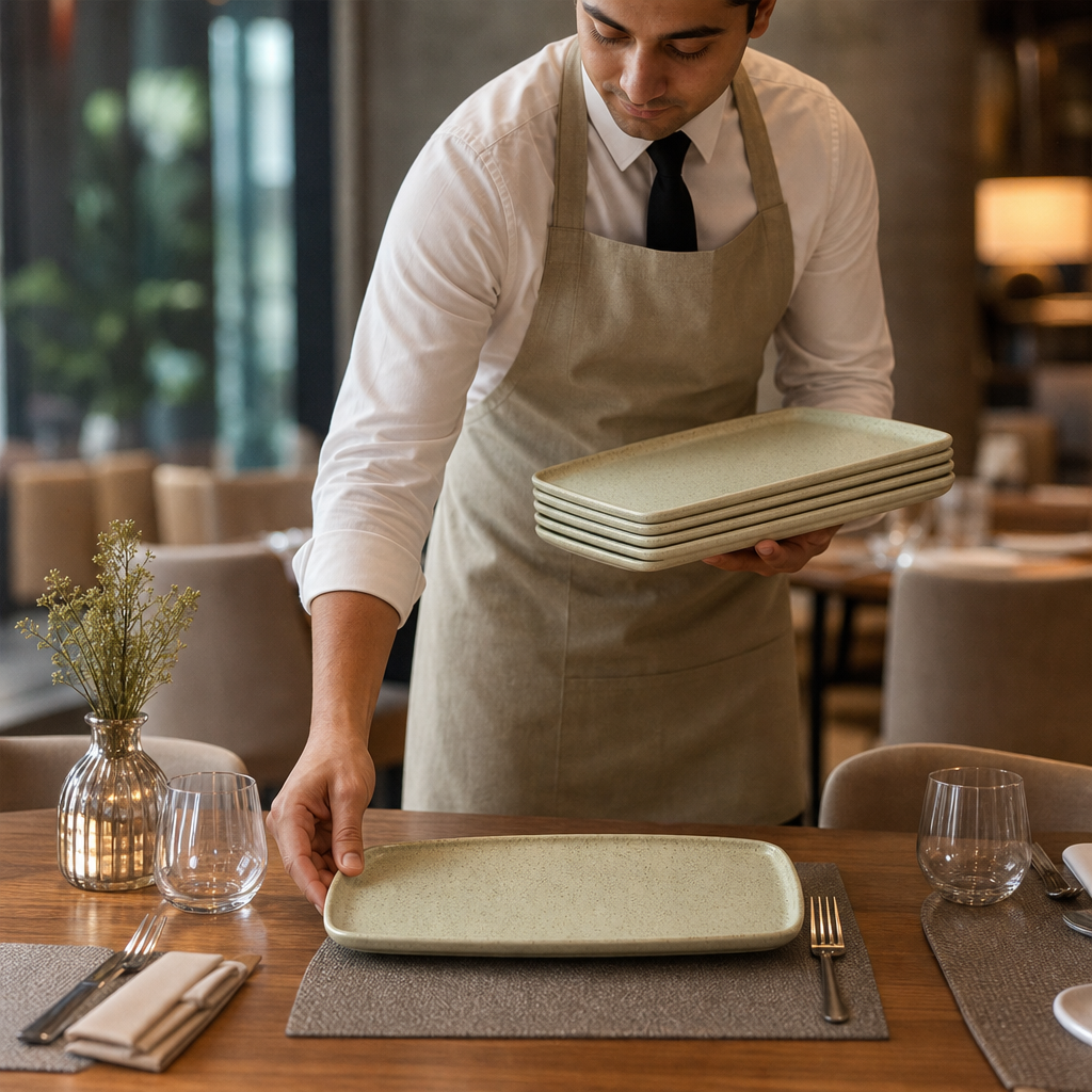 Oblong Trays Green Vitrified Stoneware for Table Settings (Pack of 6)