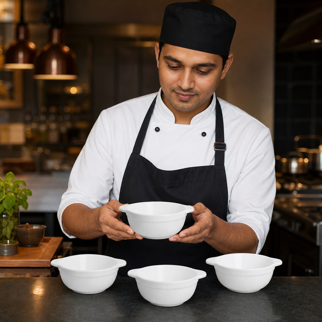 Porcelain Eared Bowls 640ml for Home & Office (Pack of 4)