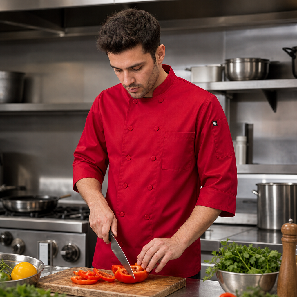 Red Polycotton Chef Jacket with Three-Quarter Sleeves for Professional Kitchens