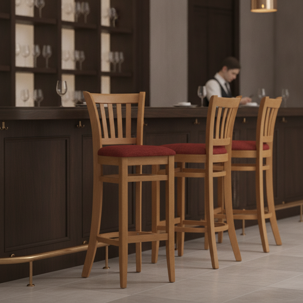 Rubber Wood Bar Chair with Padded Seat 1100mm for Commercial Use