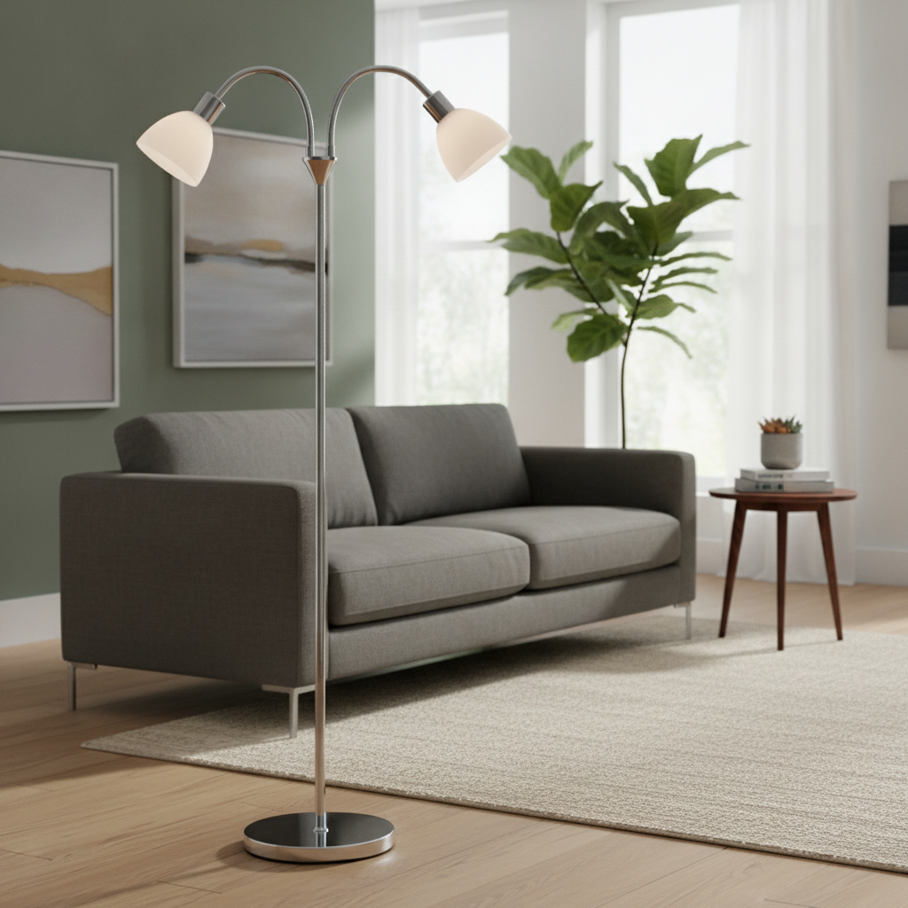 Metal and Glass Double Floor Lamp in Chrome for Home & Office