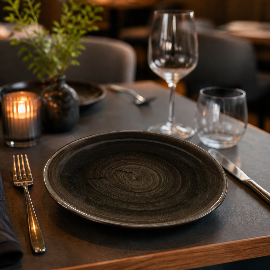 Iron Round Trace Plates Black Vitrified Ceramic for Elegant Dining (Pack of 12)