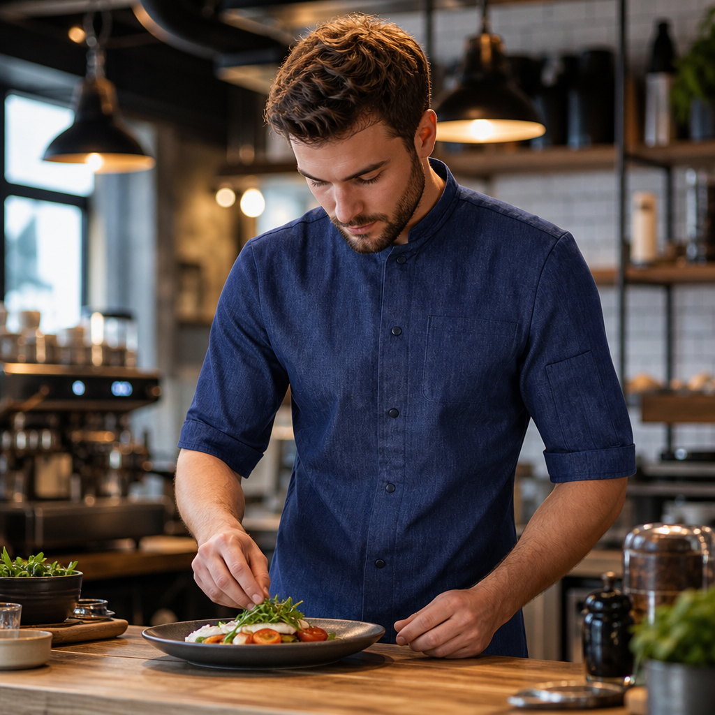 Lightweight Denim Chef Shirt for Cafés & Gastropubs