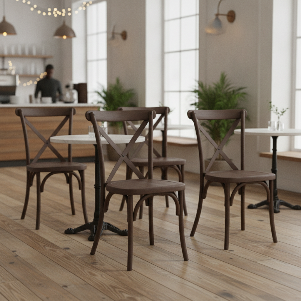 Polypropylene Dark Wood Effect Cross-Back Chairs 895x492mm for Cafés & Bistros (Pack of 4)