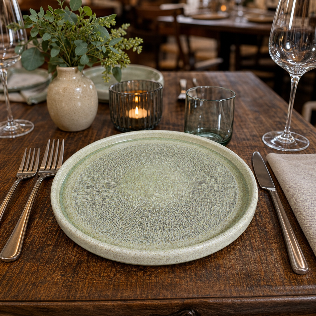 Round Walled Plates 210mm Green Ceramic for Rustic Table Settings (Pack of 6)