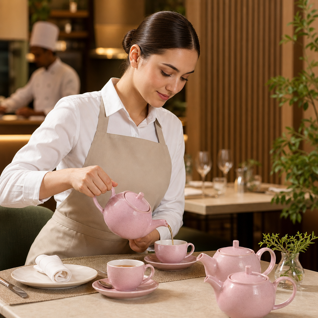 Super Vitrified Ceramic Petal Pink Teapot 426ml for Table Settings (Pack of 4)